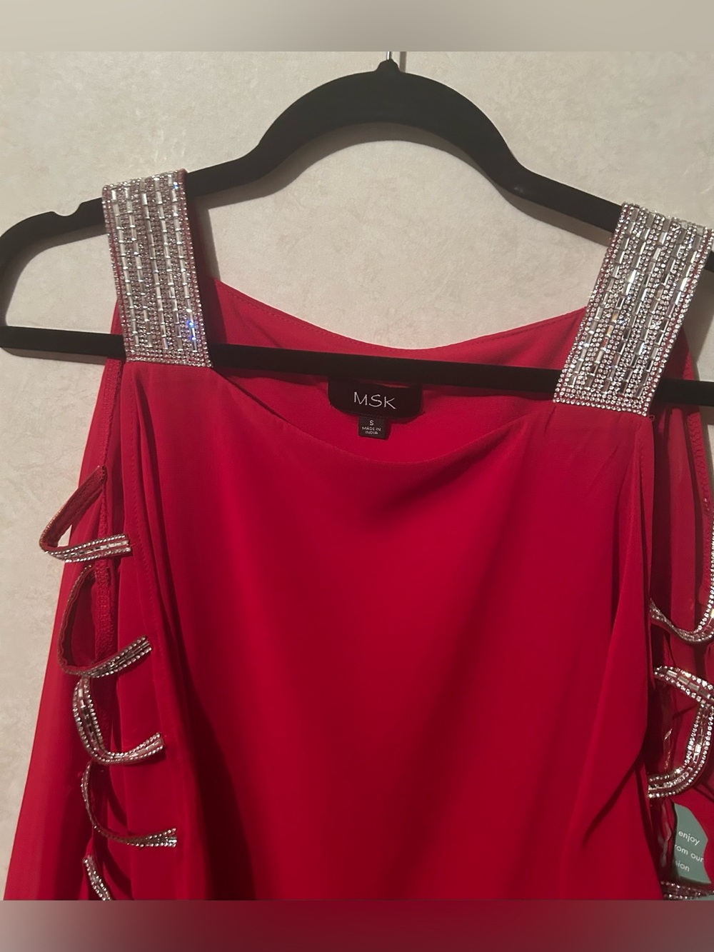 MSK Red Rhinestone-Trim Cold-Shoulder Small Mini Dress - Picture 3 of 7